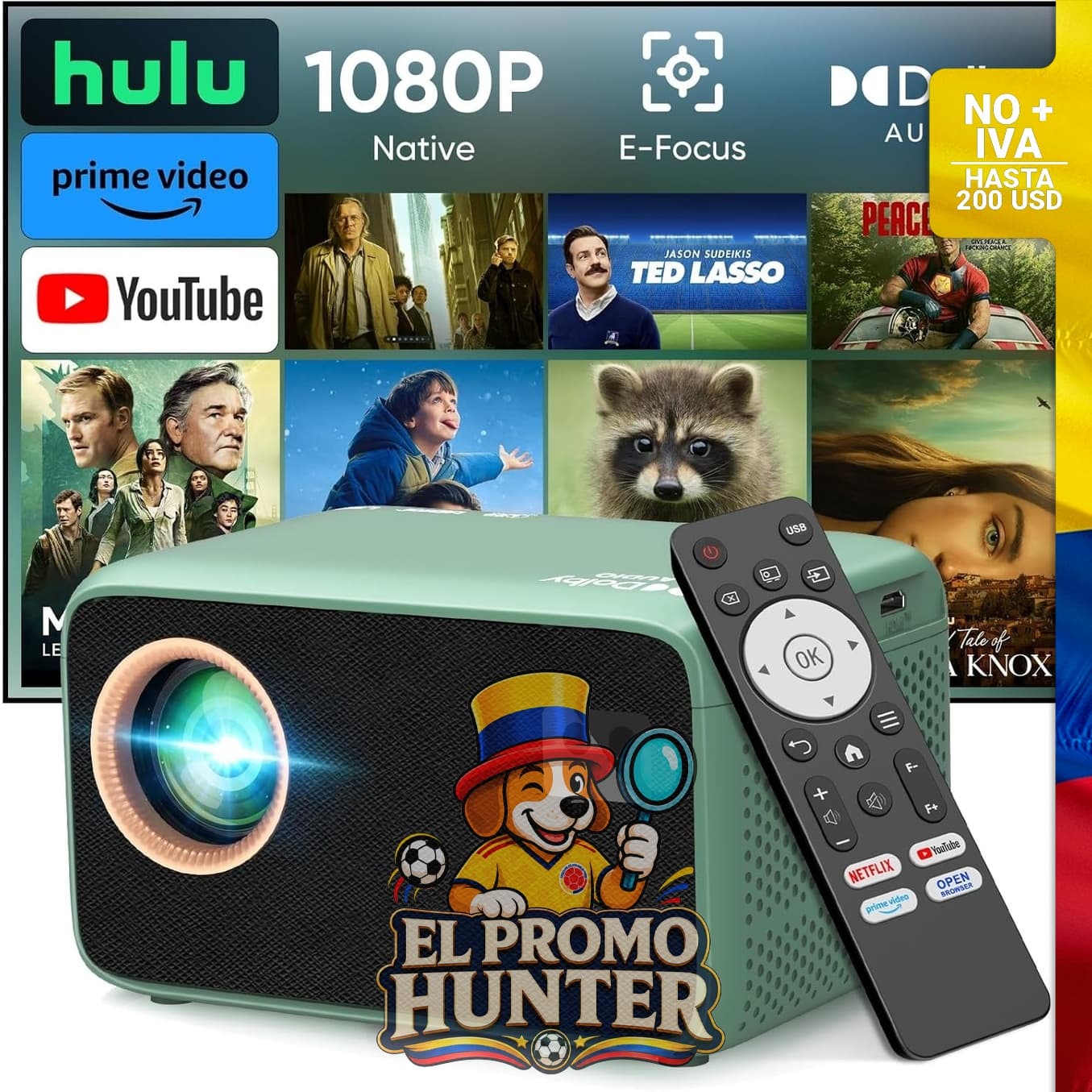 Proyector TMY 4K con WiFi y Bluetooth, compatible con Netflix, Prime Video y YouTube.