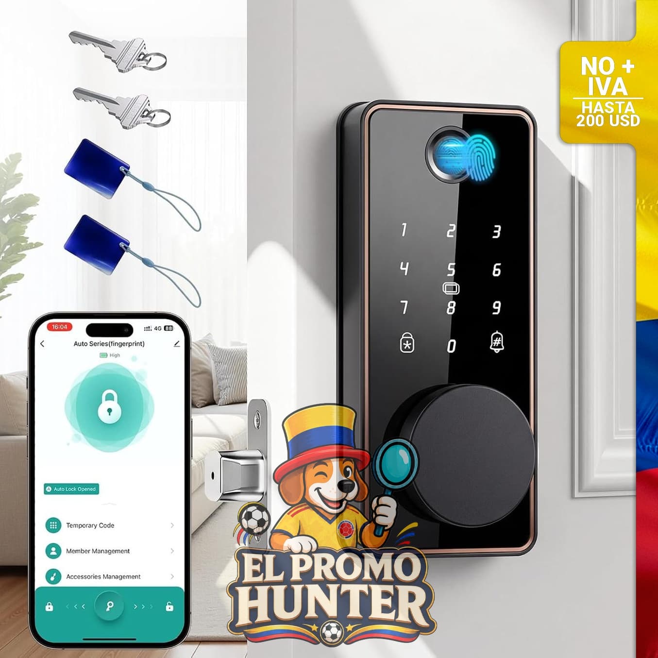 Cerradura inteligente con control de aplicación, huellas dactilares y teclado digital. Instalación sencilla, IP54.