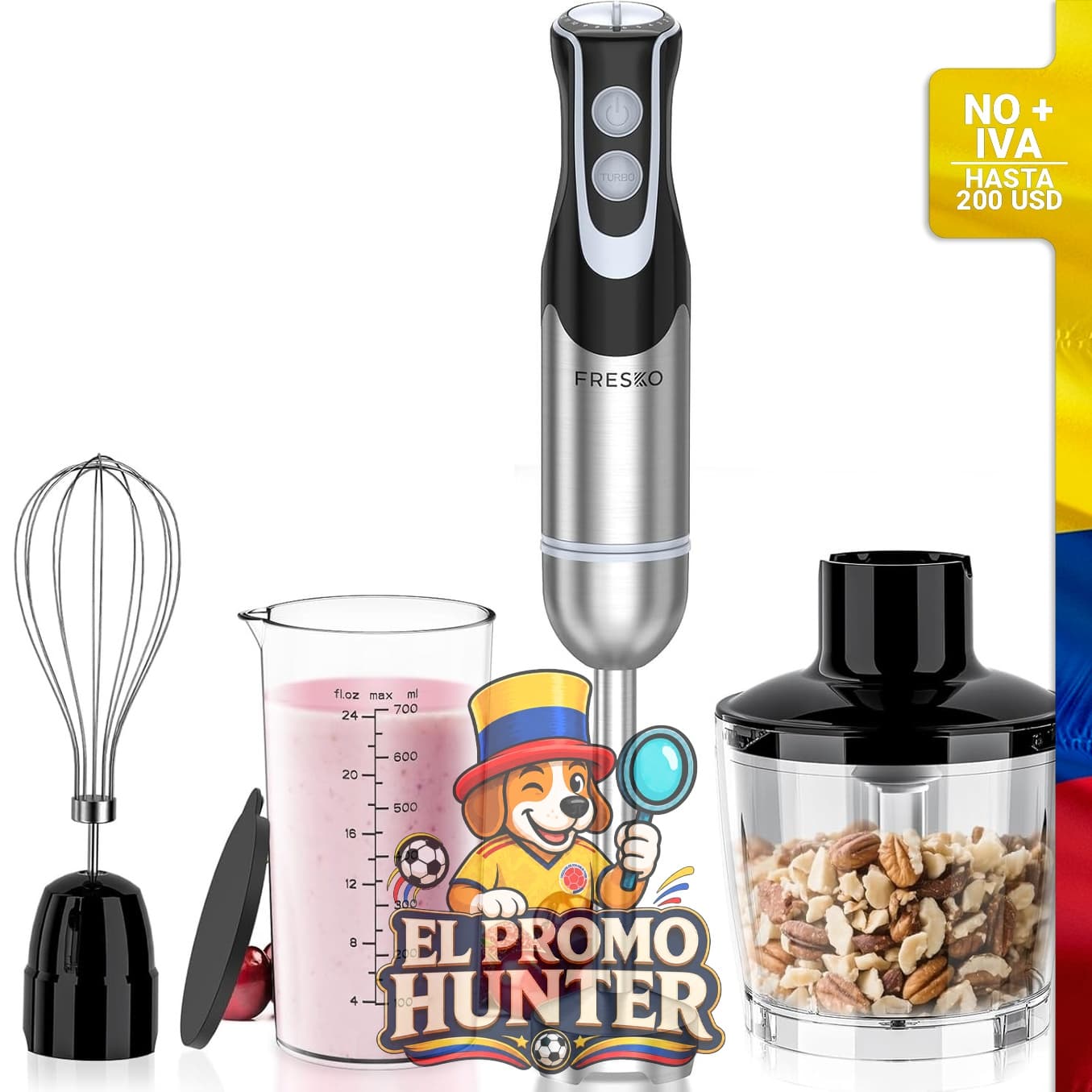 Batidora de inmersión de mano 4 en 1 con 12 velocidades y modo Turbo, 500W, incluye batidor, vaso de 24 oz y tazón picador.