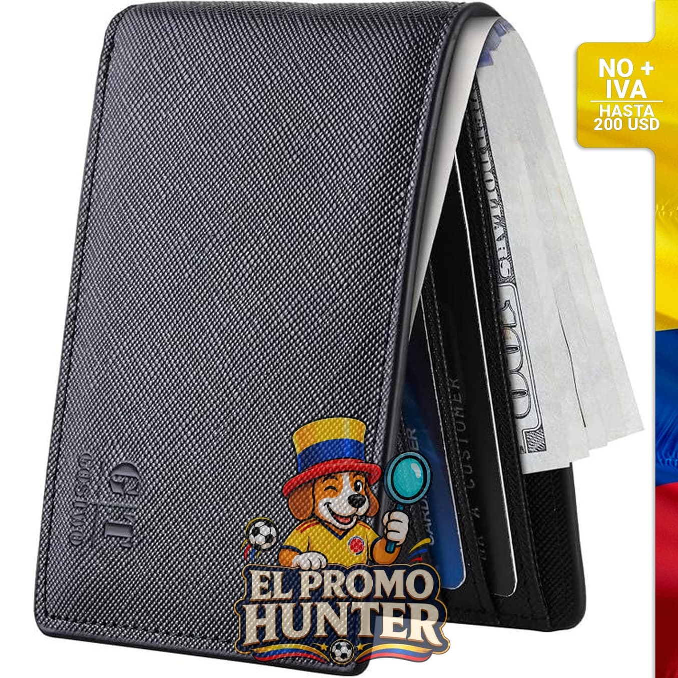 Cartera delgada para hombre de piel, con ventana de identificación y bolsillo frontal.