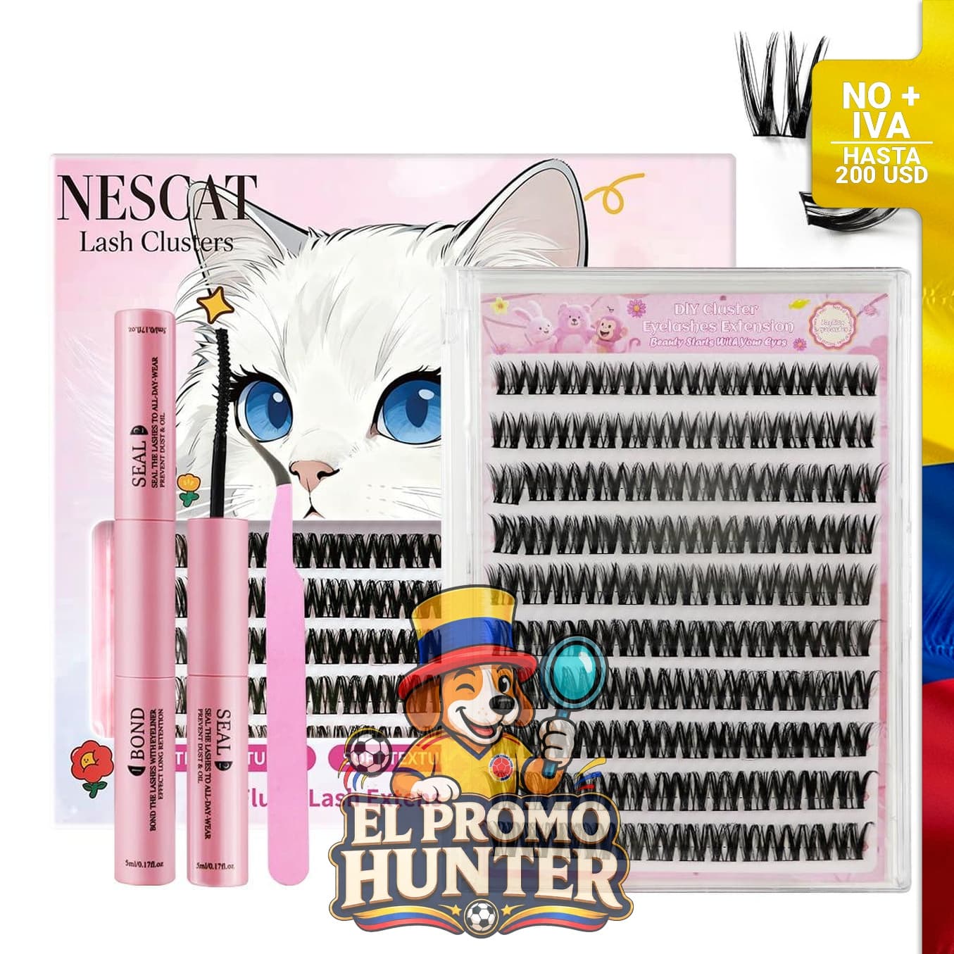 Kit de racimos de pestañas NESCAT con pestañas naturales y finas, incluye racimos inferiores.