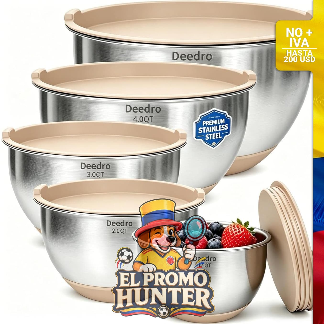 Deedro juego de 22 tazones de mezcla de acero inoxidable con tapas herméticas.