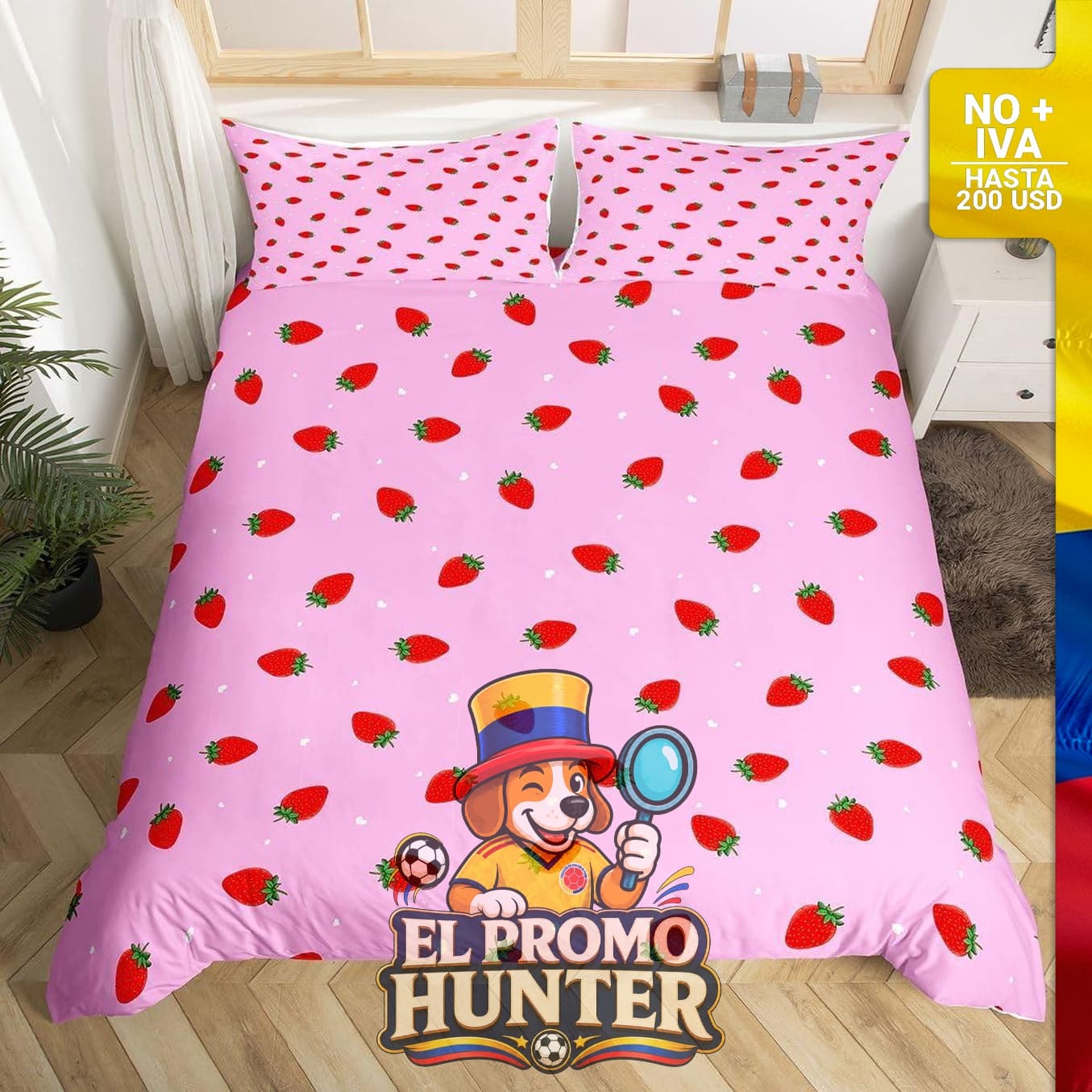 Juego de ropa de cama Kawaii de fresas tamaño Queen, incluye funda de edredón reversible.