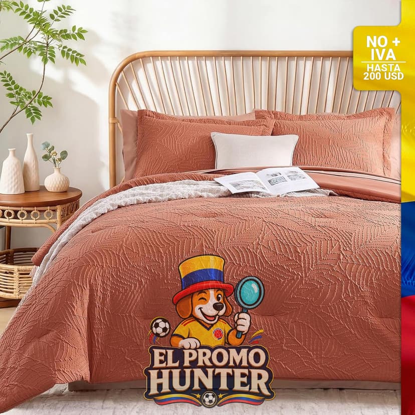 Juego de edredón matrimonial de 7 piezas, color naranja tostado, incluye edredón, sábanas y fundas de almohada.