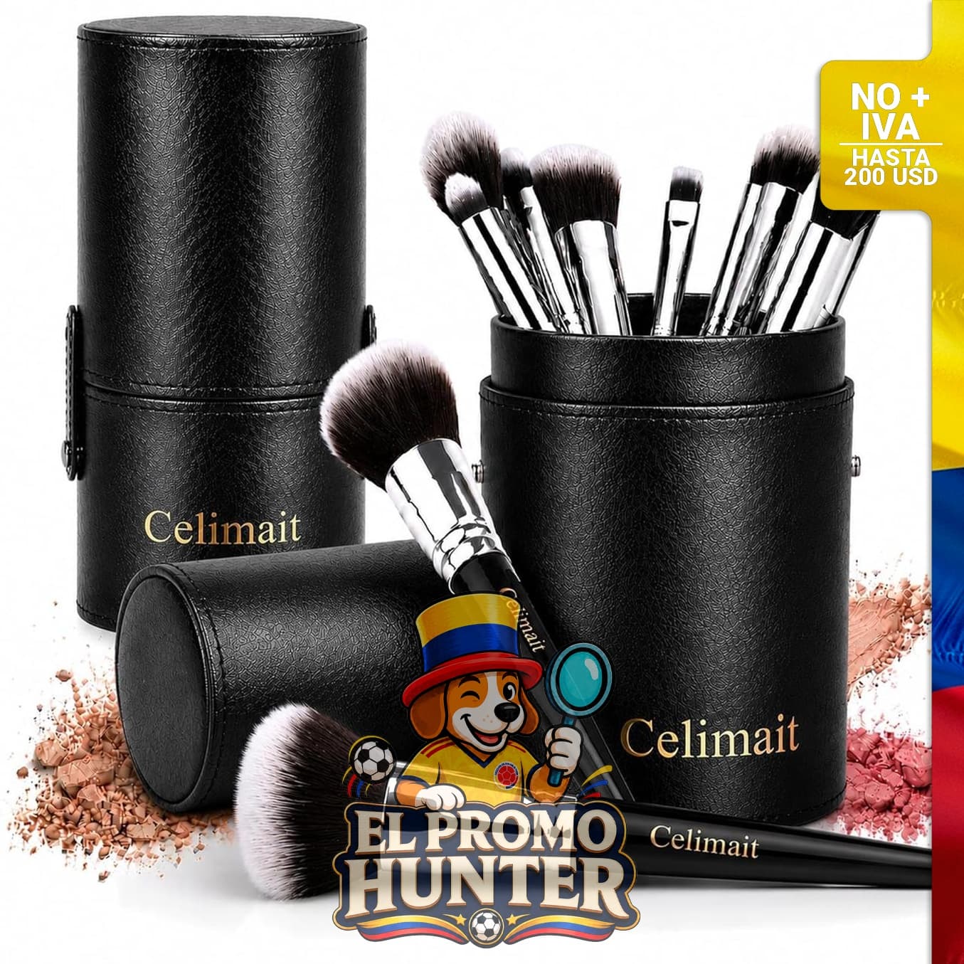 Juego de brochas de maquillaje con estuche de viaje, incluye pinceles para base, polvo, rubor y sombra de ojos.