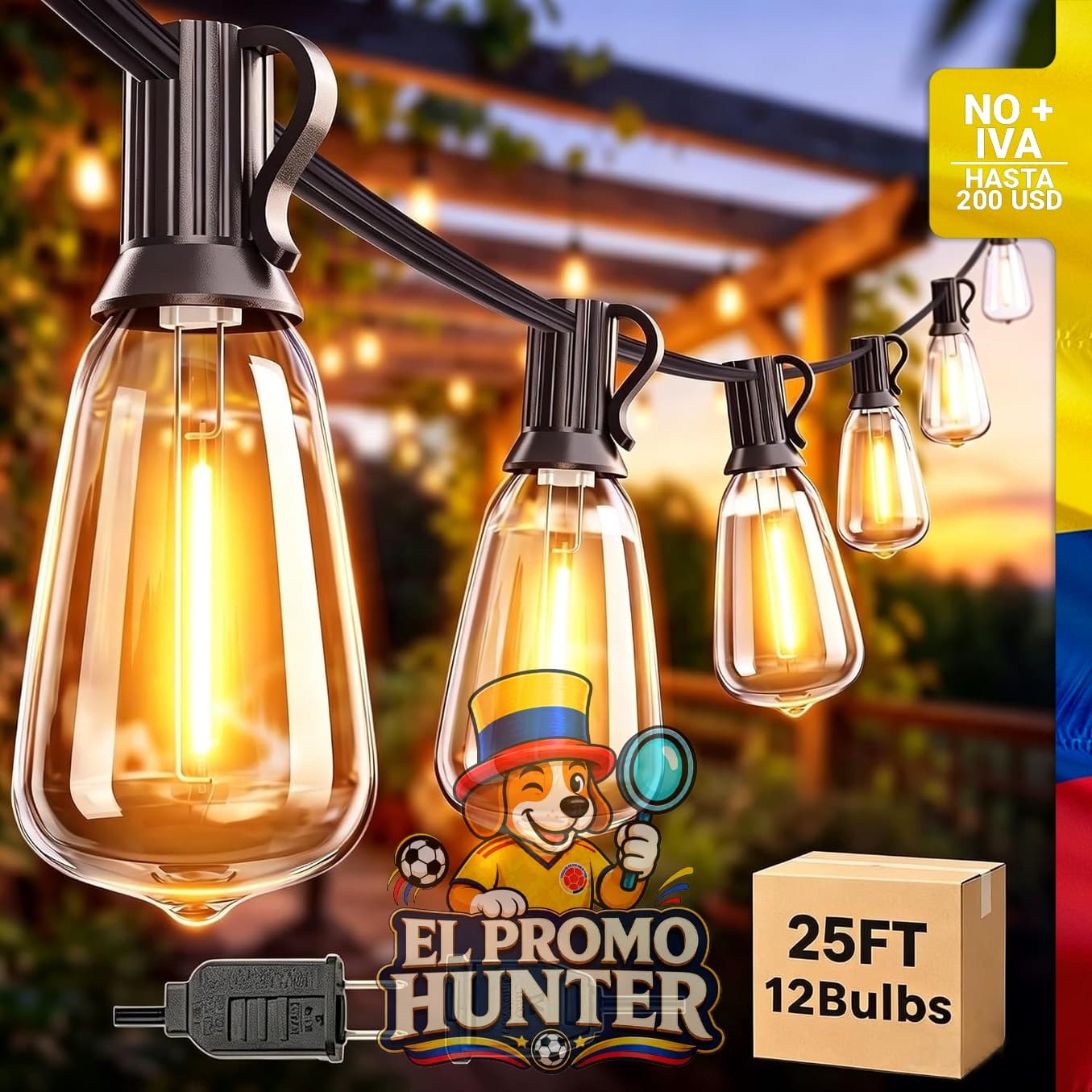 Guirnalda de luces LED de 7.62 m, impermeable, con 13 bombillas Edison vintage irrompibles, conectables.