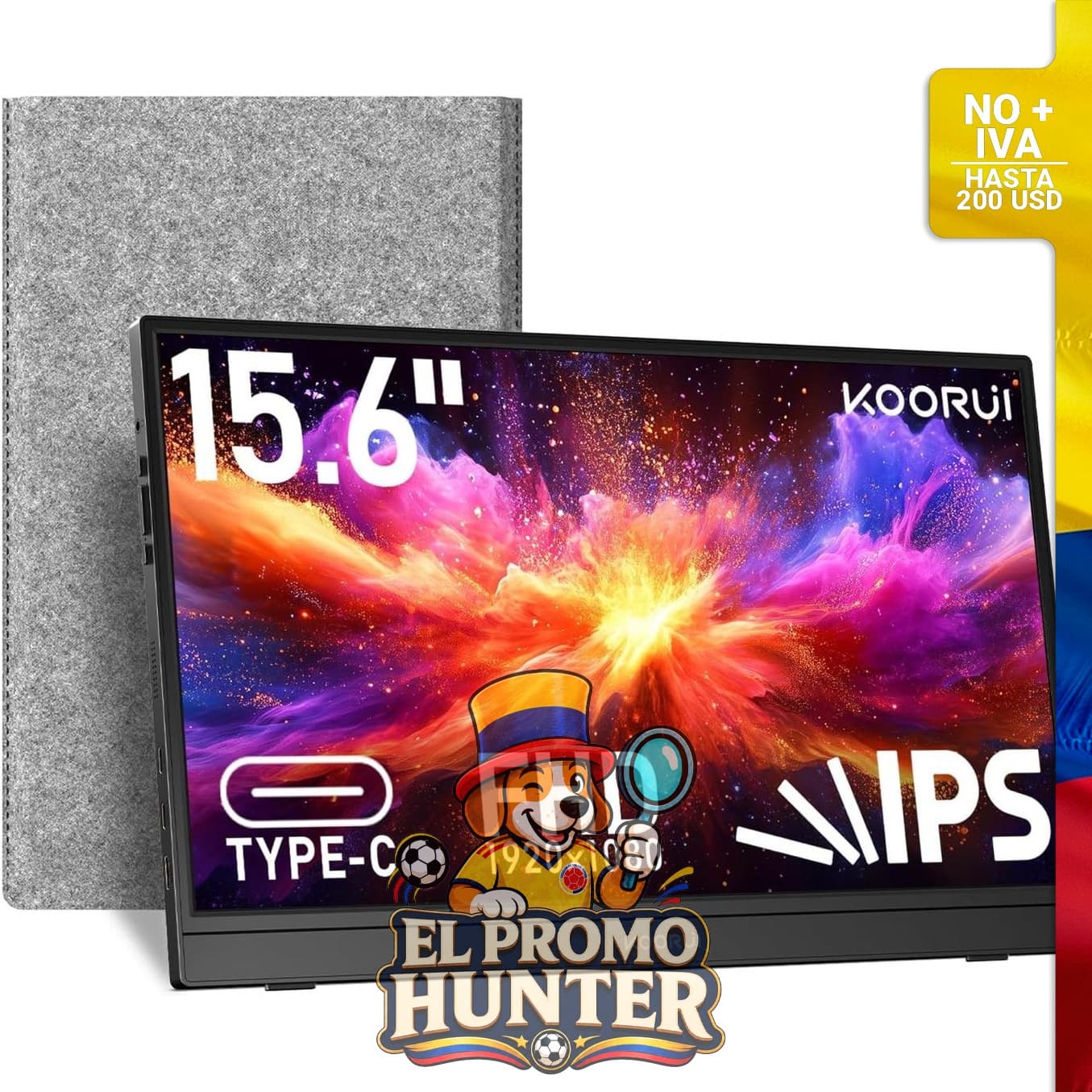 Monitor portátil KOORUI de 15.6" (38.1 cm) FHD 1080P IPS, con conectividad USB-C y HDMI, incluye soporte y altavoces.