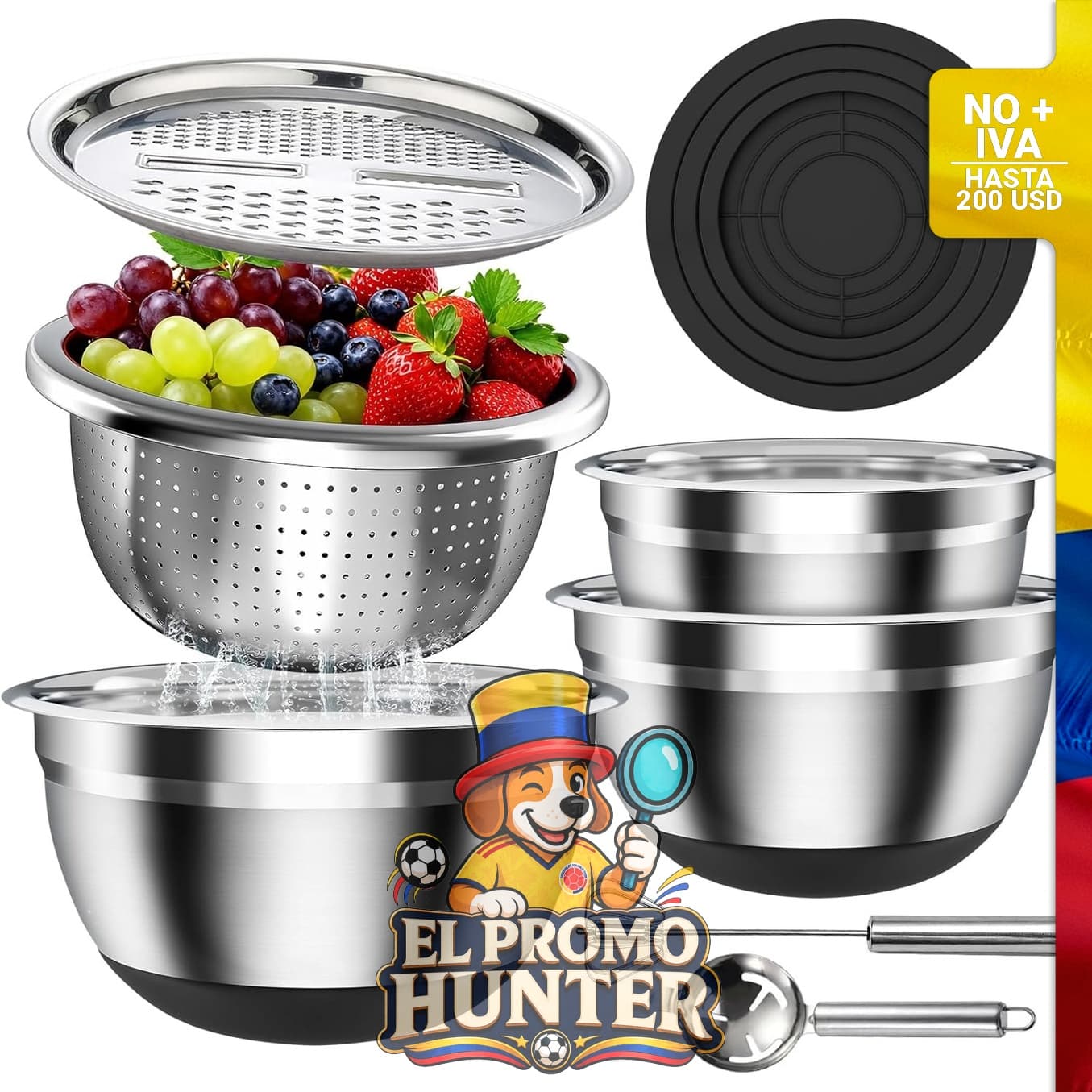 Juego de cuencos de acero inoxidable con tapas y base de silicona, 7 piezas, incluye colador, rallador y batidor.