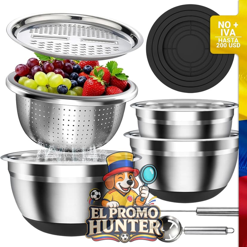 Juego de cuencos de acero inoxidable con tapas y base de silicona, 7 piezas, incluye colador, rallador y batidor.