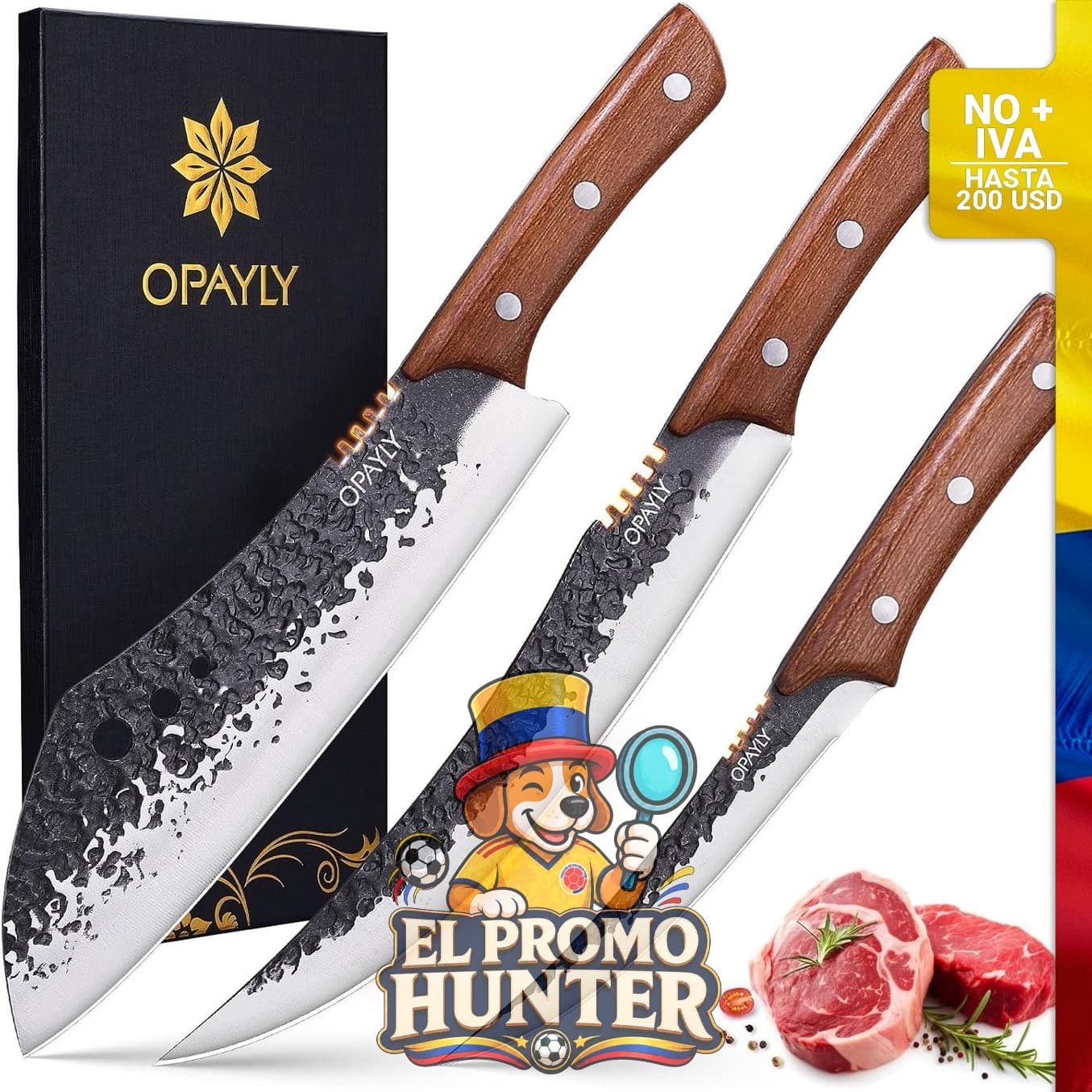 Juego de cuchillos de carnicero forjado a mano, 3 piezas de acero de alto carbono para cortar y deshuesar.