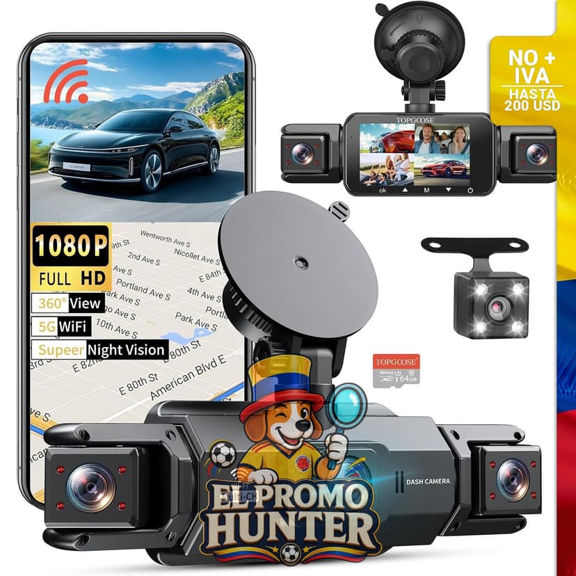 Cámara de tablero 360° con 4 canales, 5G WiFi, control de aplicación y tarjeta de 64 GB.