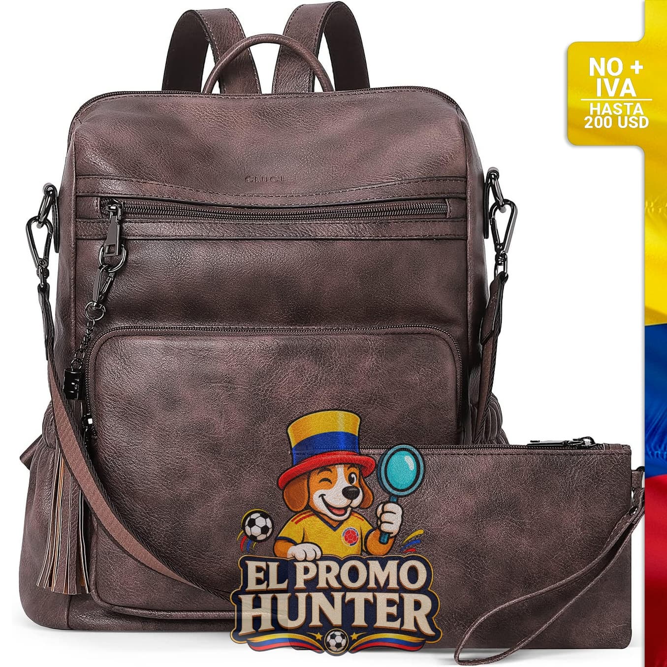 Cartera tipo mochila de cuero para mujer, diseño grande con borla y bolsillos laterales.