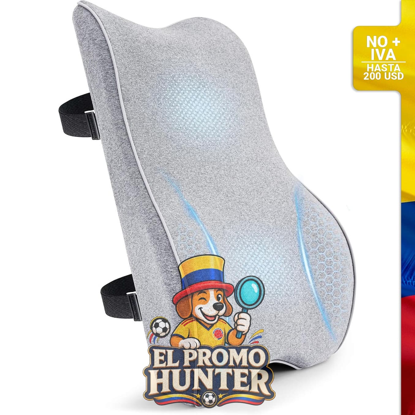 Cojín lumbar de memoria con correas ajustables, diseñado para soporte en la espalda.