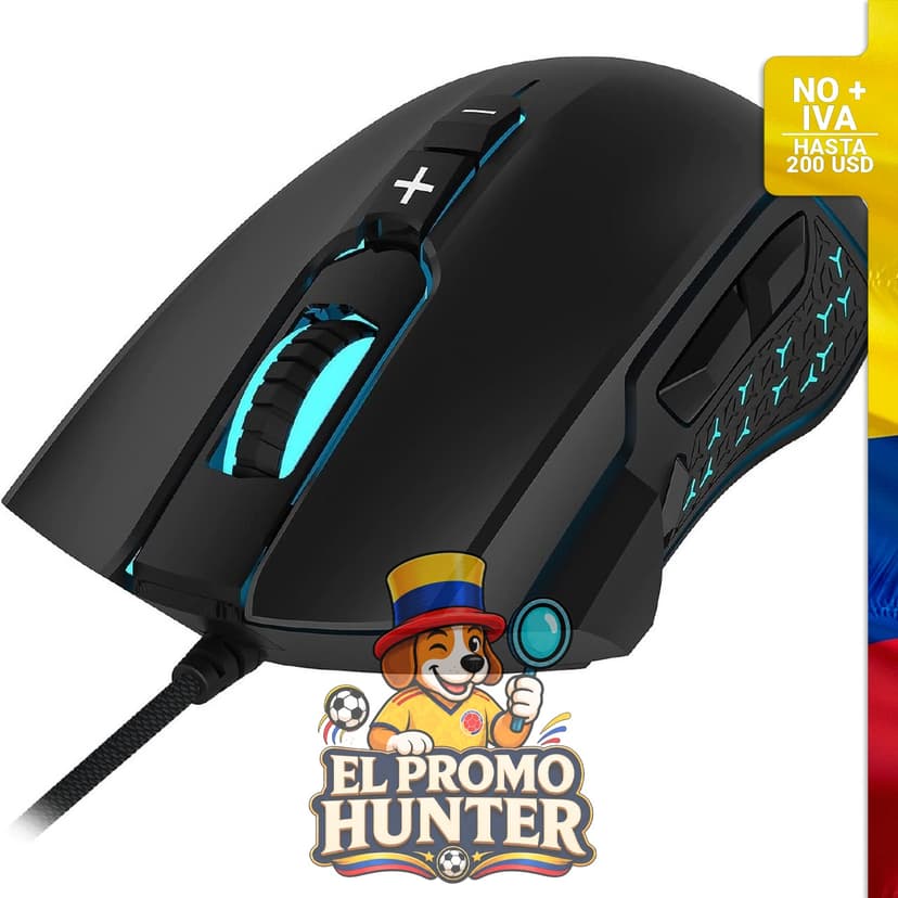Ratón óptico para juegos con cable, 7200 DPI, 8 botones programables, retroiluminación RGB de 6 colores.