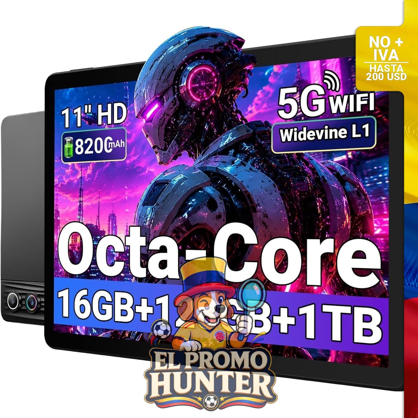 Tableta MUISOO de 11" (28 cm) con procesador Octa-Core, 16 GB de RAM y 128 GB de ROM, expandible hasta 1 TB.