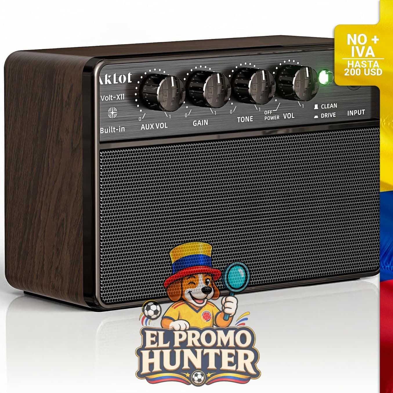 Mini amplificador de guitarra eléctrica portátil de 10W, 15 x 10 x 6.6 cm, con canales Clean/Drive y audio inalámbrico.