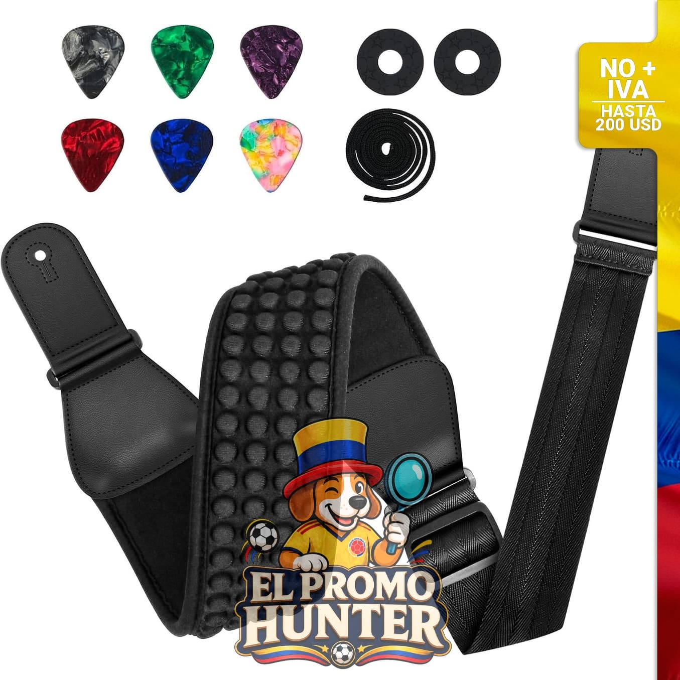 Correa acolchada ajustable para guitarra eléctrica y bajo, ancho de 8.6 cm y longitud de 114 a 140 cm.