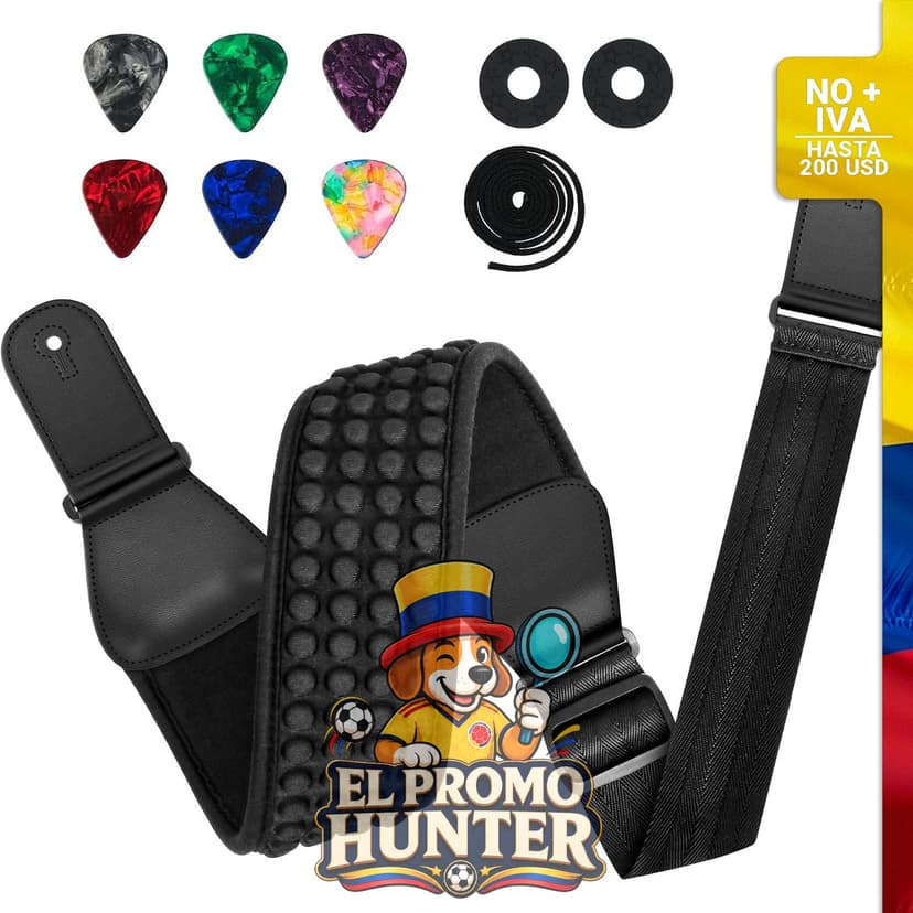 Correa acolchada ajustable para guitarra eléctrica y bajo, ancho de 8.6 cm y longitud de 114 a 140 cm.