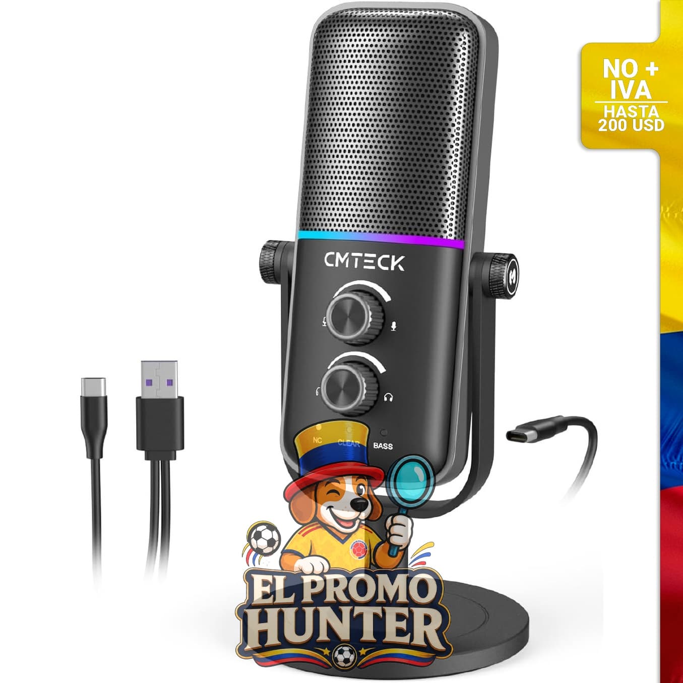 Micrófono USB CMTECK para PC y consolas, con iluminación RGB, botón de silencio y ganancia ajustable.