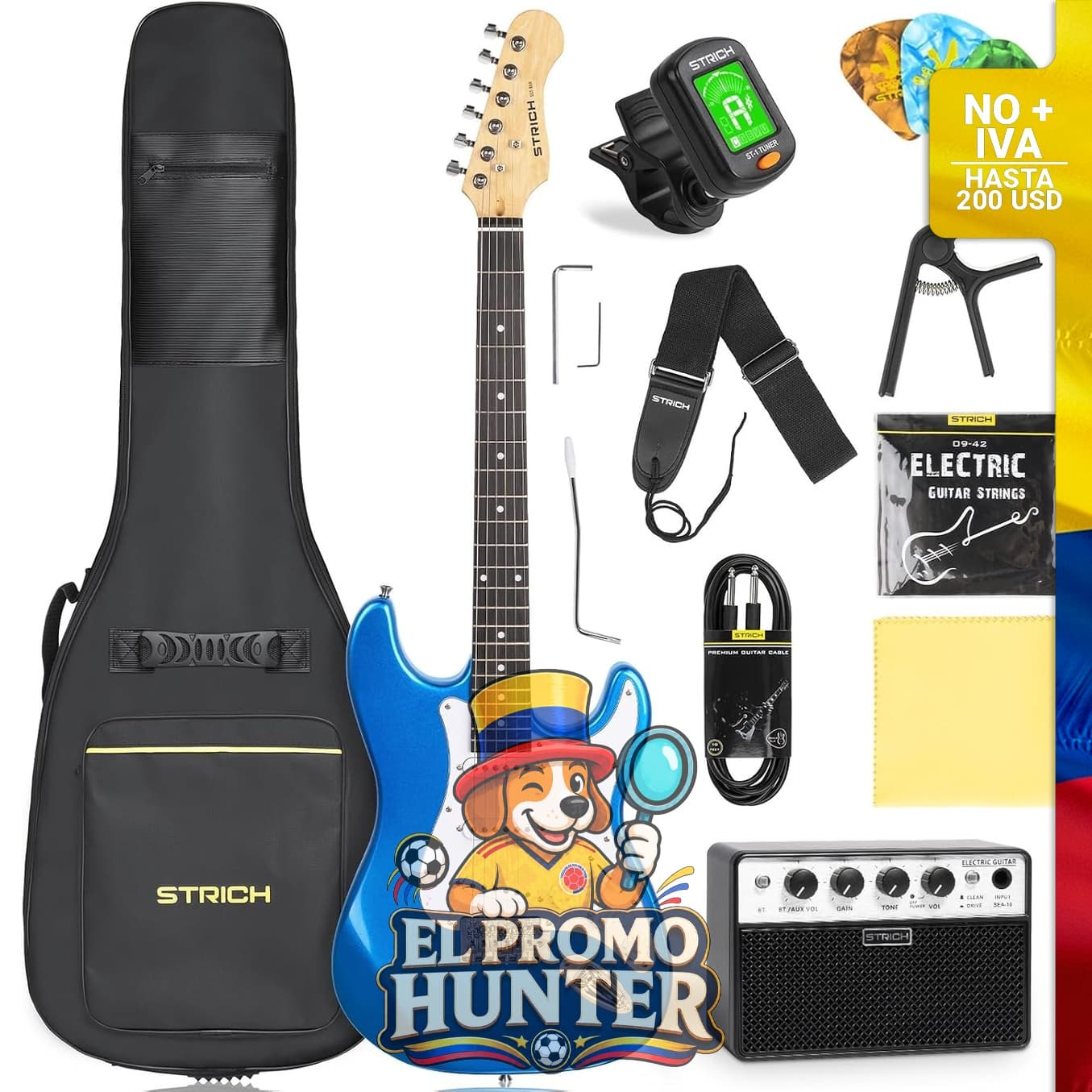 Kit de guitarra eléctrica STRICH de cuerpo sólido de 39" (99 cm) con pastilla SSS y amplificador de 5W.