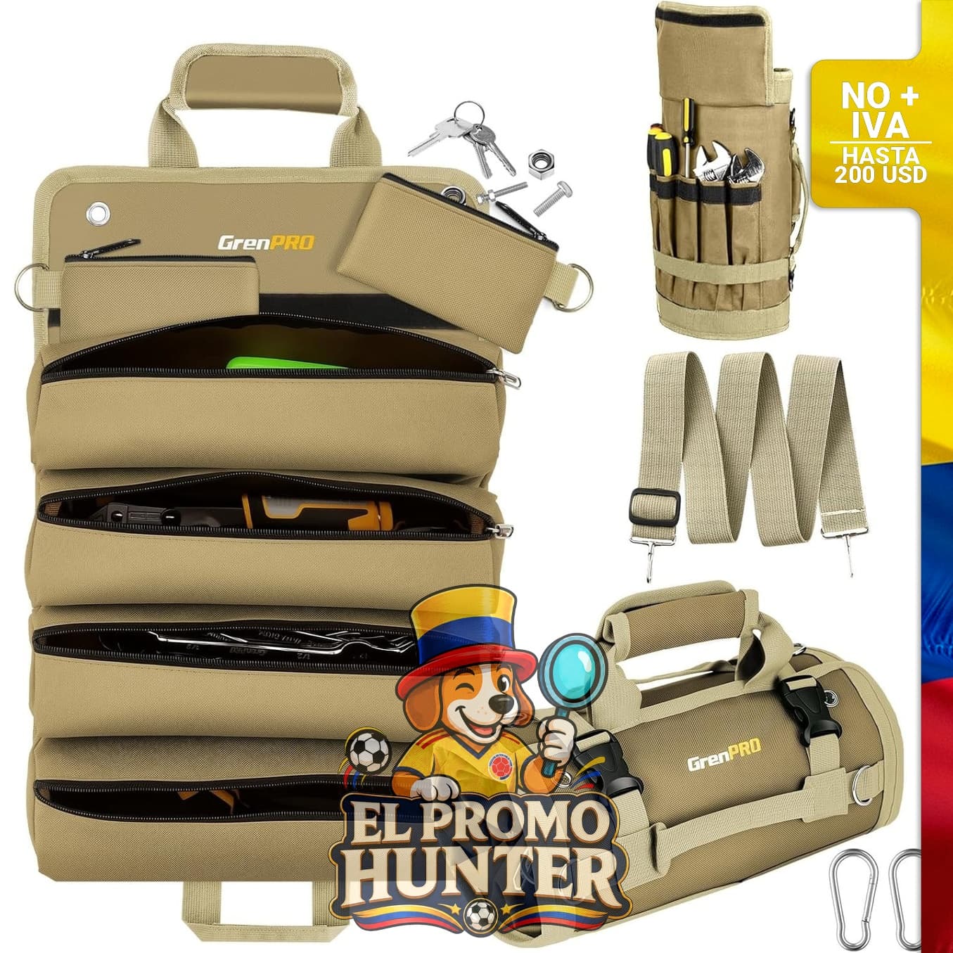 Bolsa enrollable para herramientas con compartimentos desmontables, adecuada para electricistas y bricolaje.