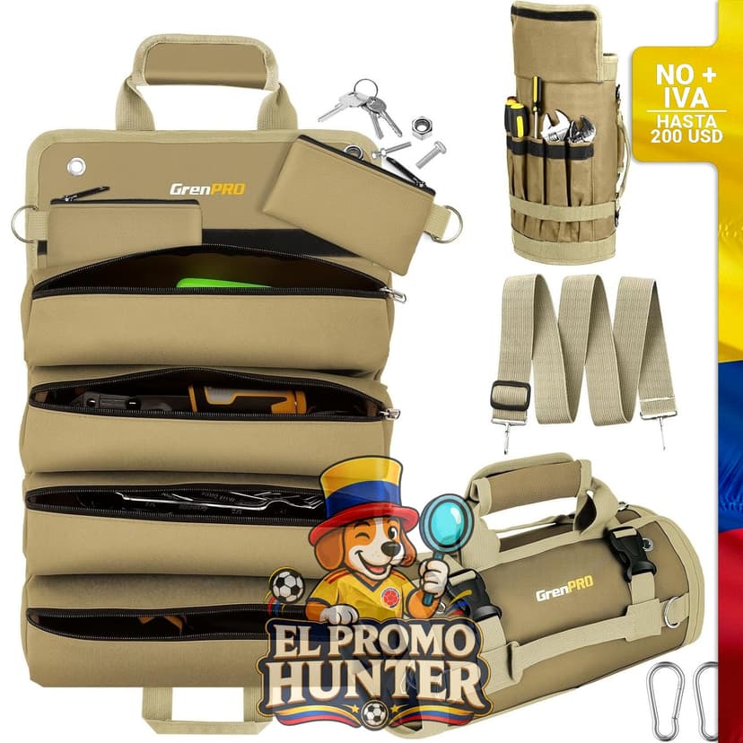 Bolsa enrollable para herramientas con compartimentos desmontables, adecuada para electricistas y bricolaje.