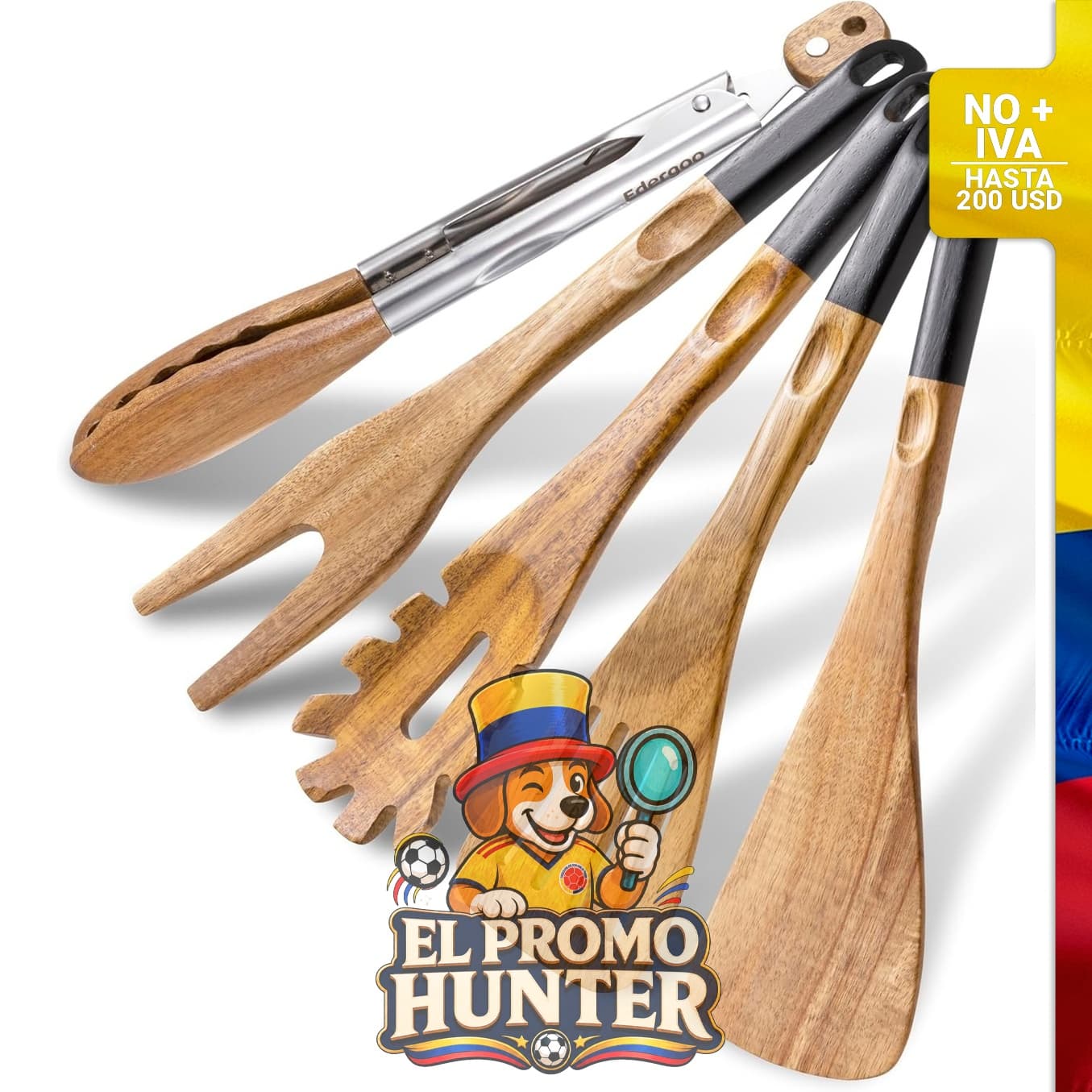 Juego de utensilios de cocina de madera de 5 piezas, incluye cucharas de madera y pinzas de acero inoxidable.