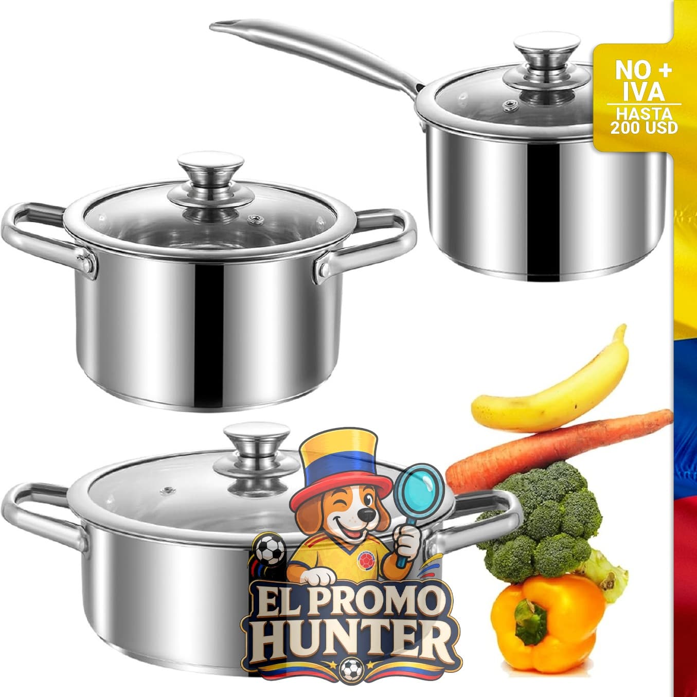 Juego de ollas y sartenes de acero inoxidable.