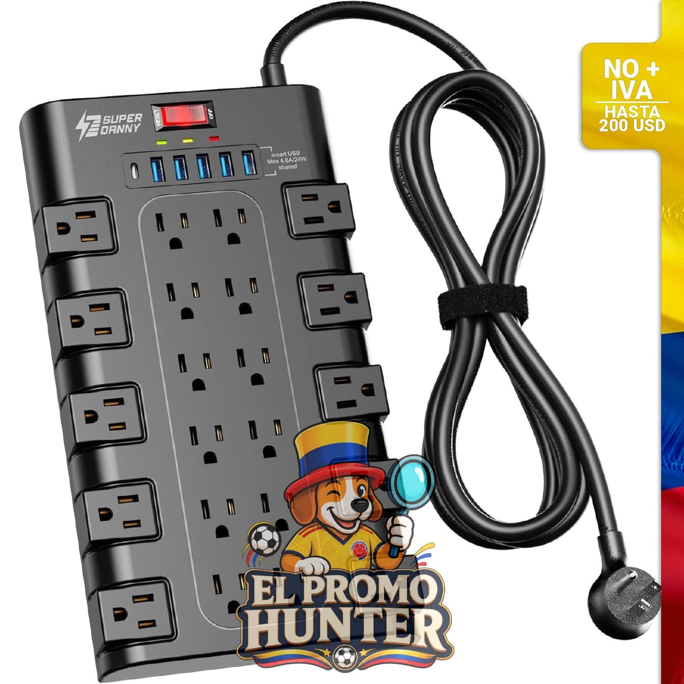 Regleta de alimentación SUPERDANNY con 22 tomas de corriente AC y 6 puertos USB, 1875 W, 15 A, 2100 julios.