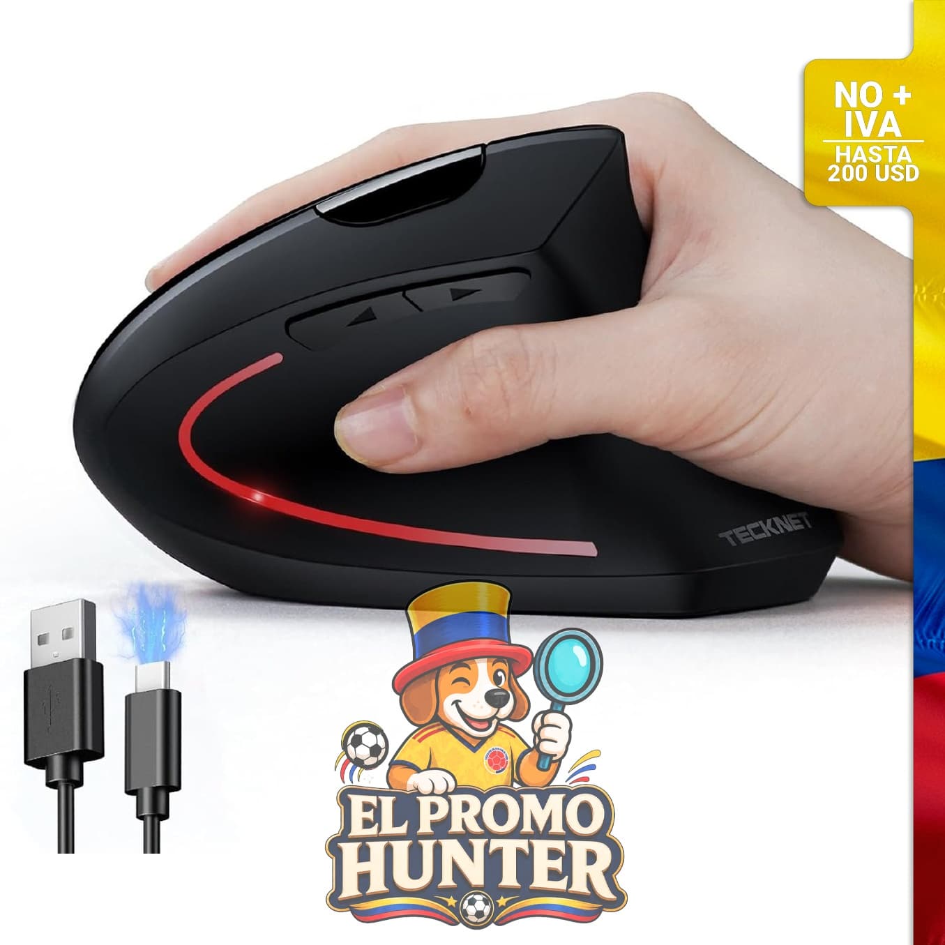 Ratón ergonómico TECKNET, mouse vertical recargable inalámbrico con 800-4800 niveles y 5 DPI ajustables.