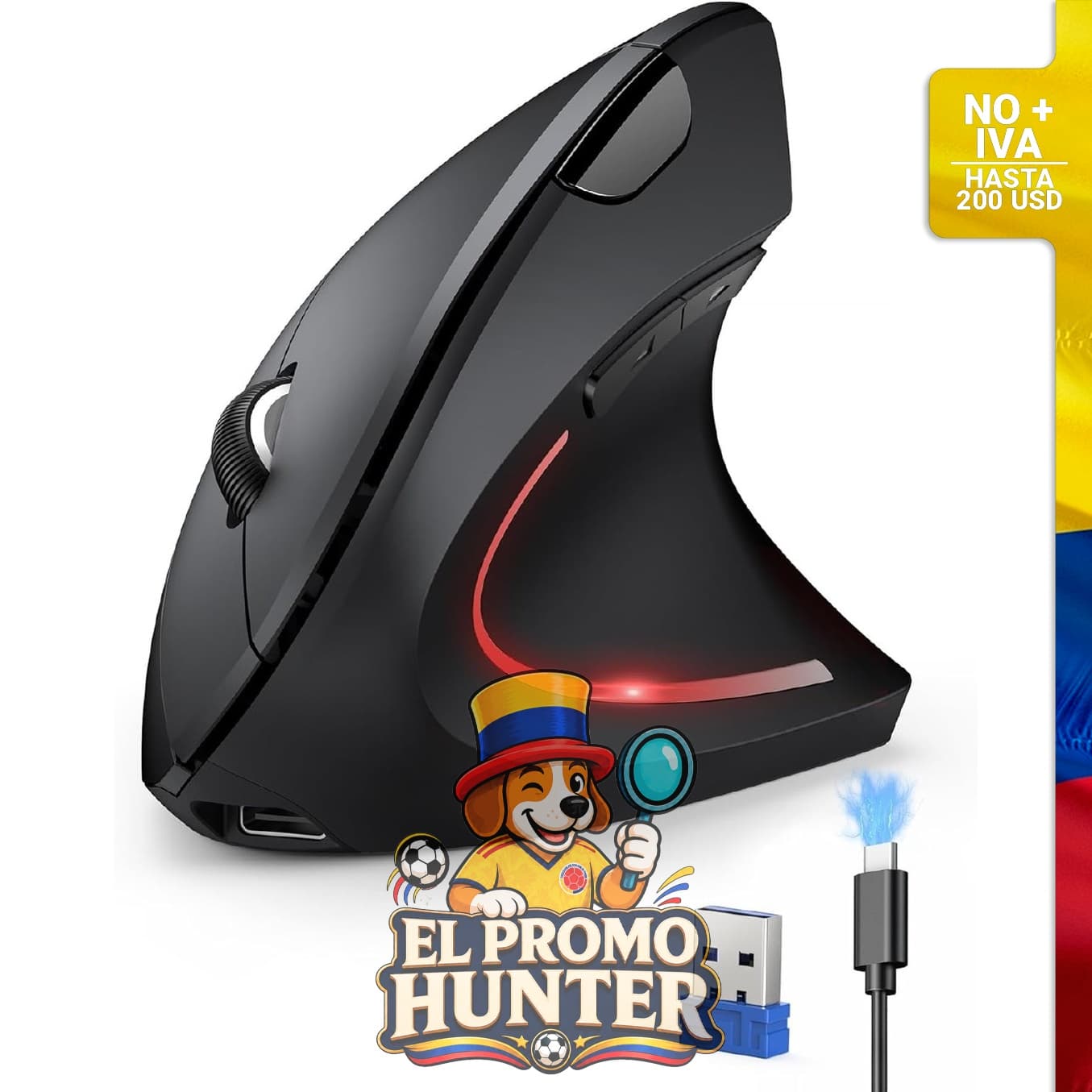 Ratón vertical inalámbrico TECKNET, recargable, 4800 DPI, 5 niveles ajustables, incluye receptor USB-A.