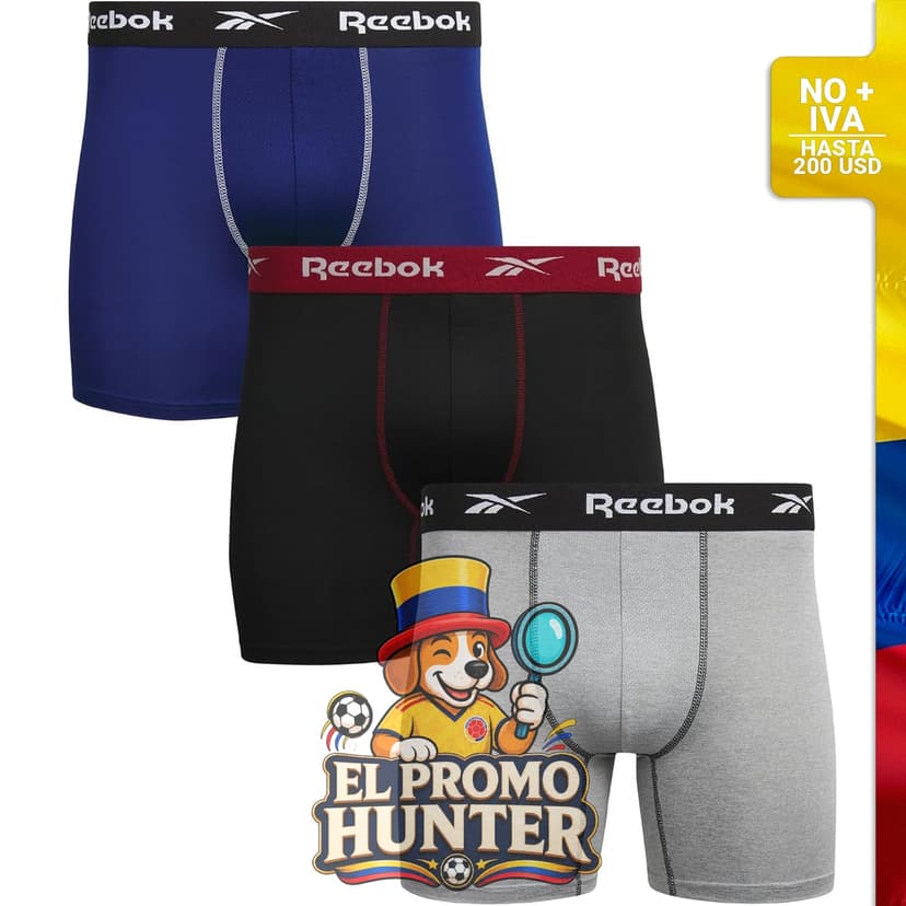 Calzoncillos tipo bóxer Reebok para hombres, paquete de 3, con tecnología de absorción de humedad y bolsa contorneada, 15 cm de entrepierna.
