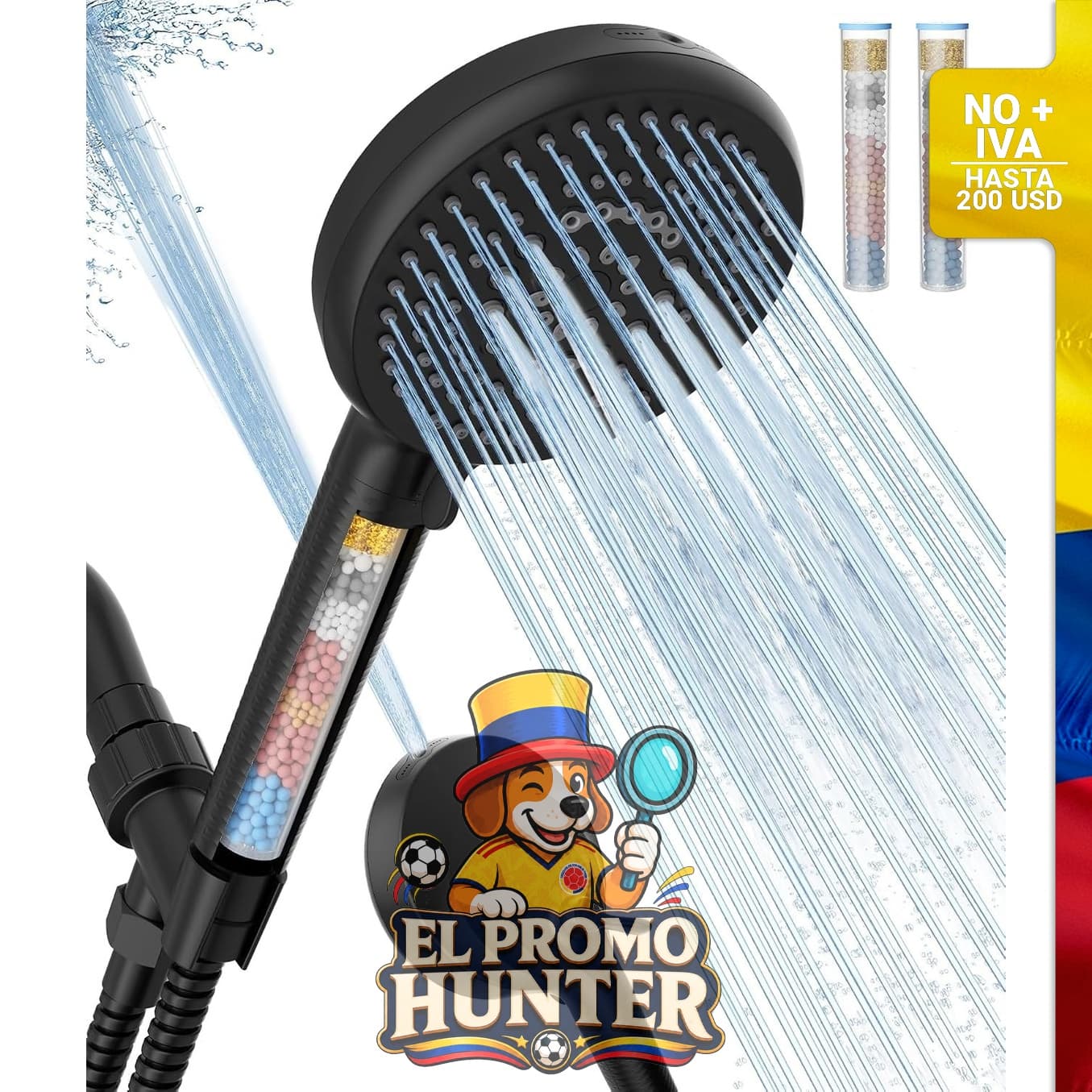 Cabezal de ducha filtrado con 10 modos de pulverización y 2 filtros para agua dura.