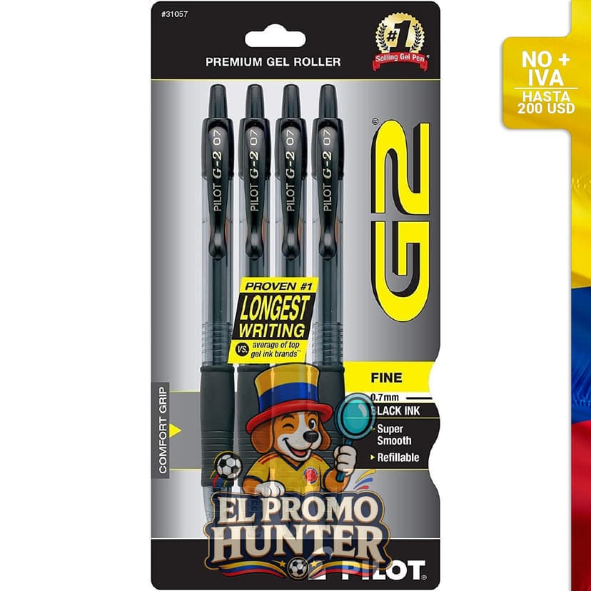 Bolígrafos de gel Pilot G2 en color negro, paquete de 4 unidades.