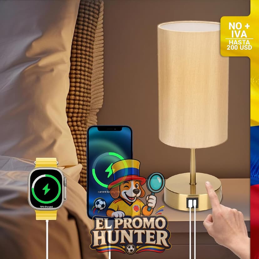 Lámpara de mesita de noche táctil con 3 niveles de brillo, puertos de carga USB-C y salida de CA, base dorada y pantalla de lino.