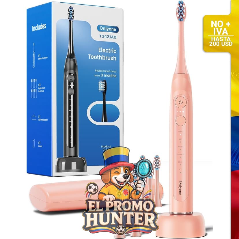 Cepillo de dientes eléctrico recargable con 8 cabezales, funda de viaje y base de carga, 5 modos con temporizador.