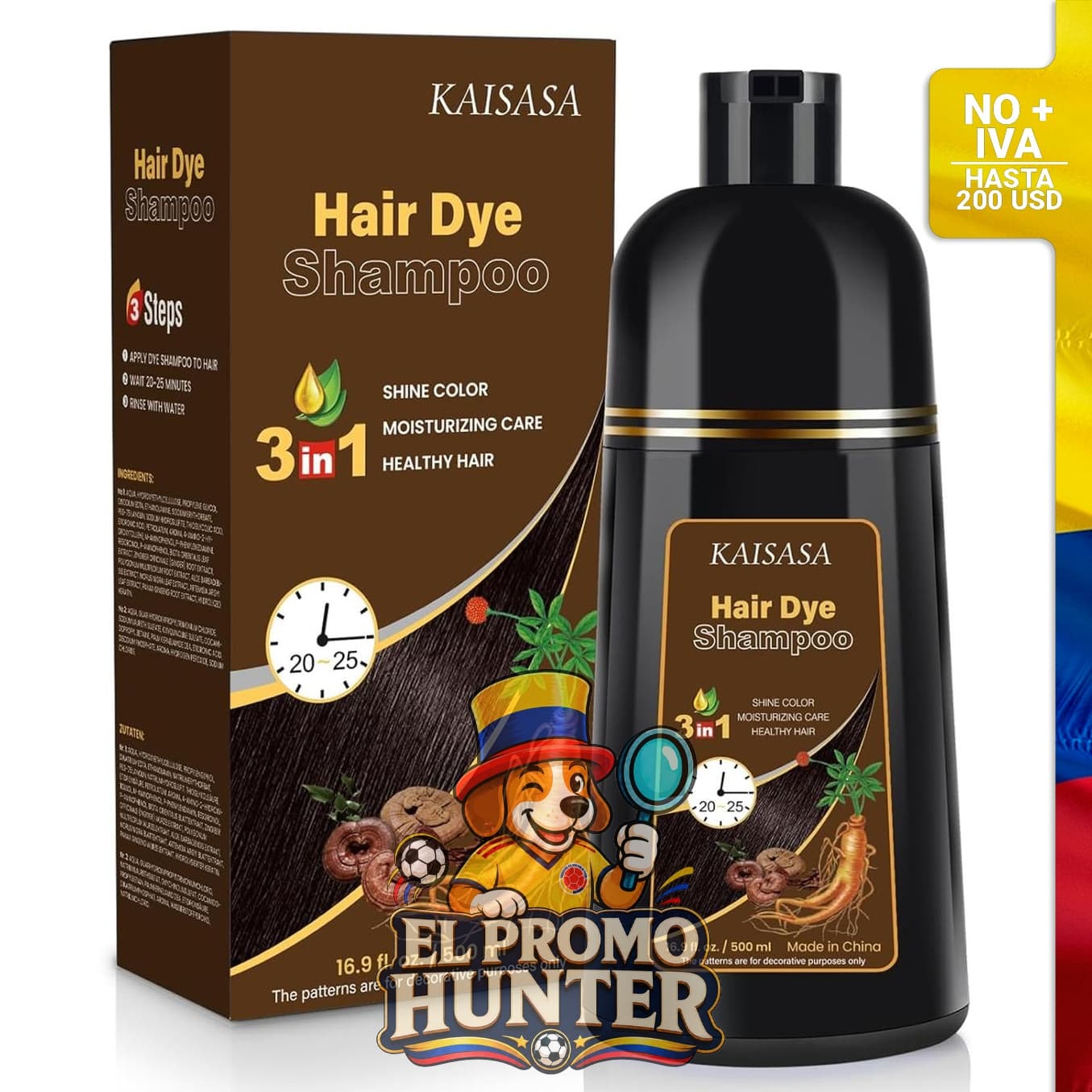 Champú de tinte para cabello gris marrón, 3 en 1, 500 ml, con ingredientes herbales.