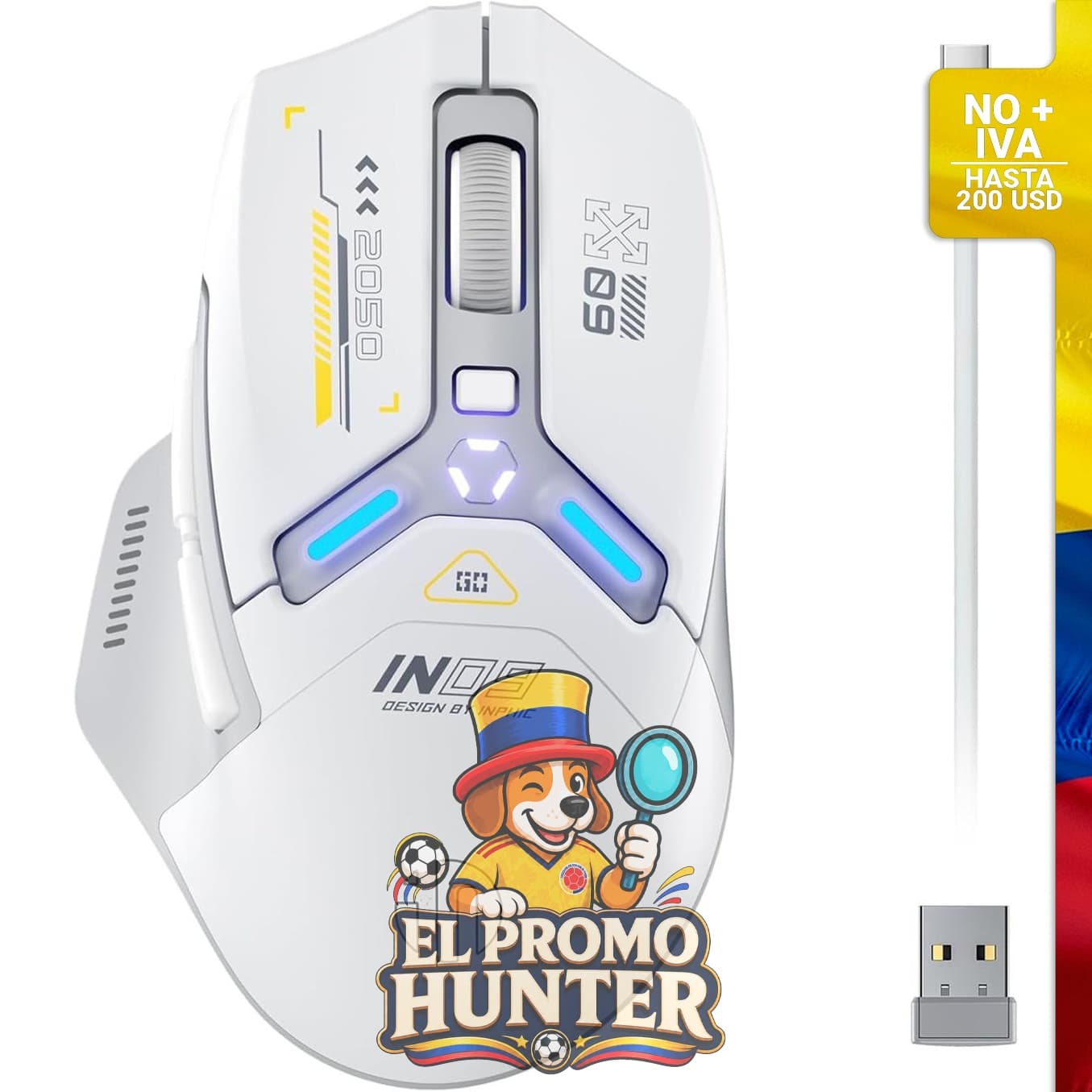 Ratón inalámbrico INPHIC IN9, conexión Bluetooth, cable tipo C y 2.4G, 10000 DPI, retroiluminación RGB.