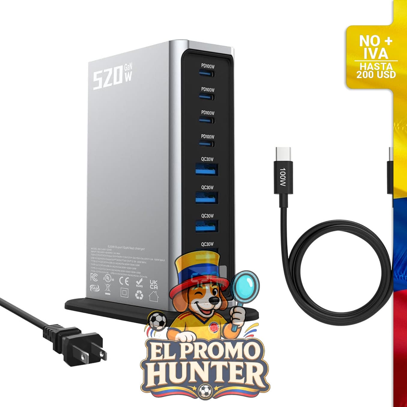 Estación de carga USB C GaN III de 520 W con 8 puertos (4 x 100 W y 4 x 30 W), compatible con PPS PD3.0.