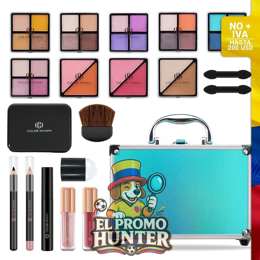 Kit de maquillaje completo Color Nymph para principiantes, incluye estuche de tren, paleta de sombras, rubores, bronceador, iluminador y lápiz labial.