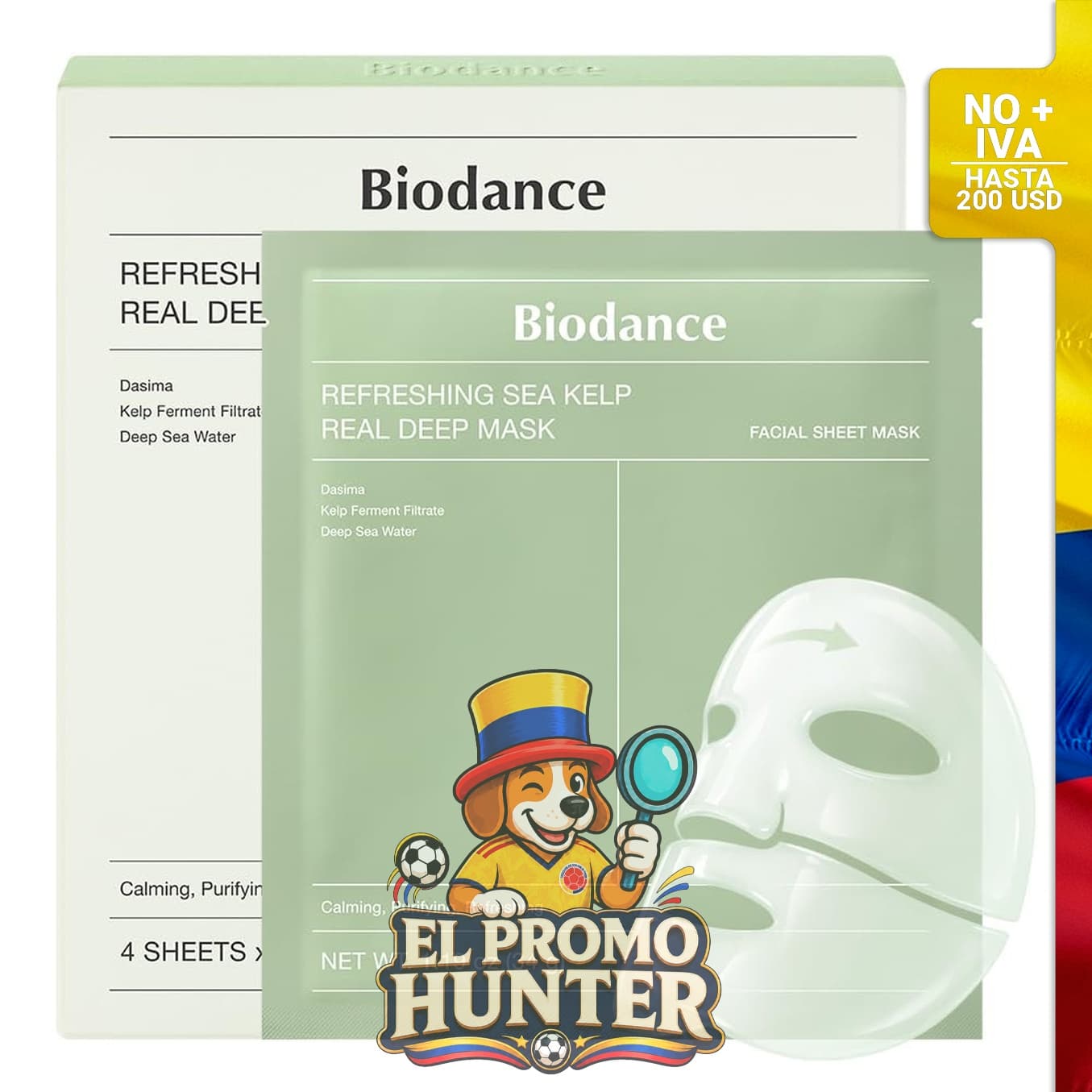 Mascarilla de hidrogel con algas, paquete de 4 unidades.