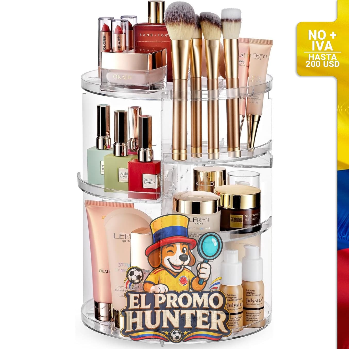 Organizador de maquillaje giratorio 360° con estantes ajustables.