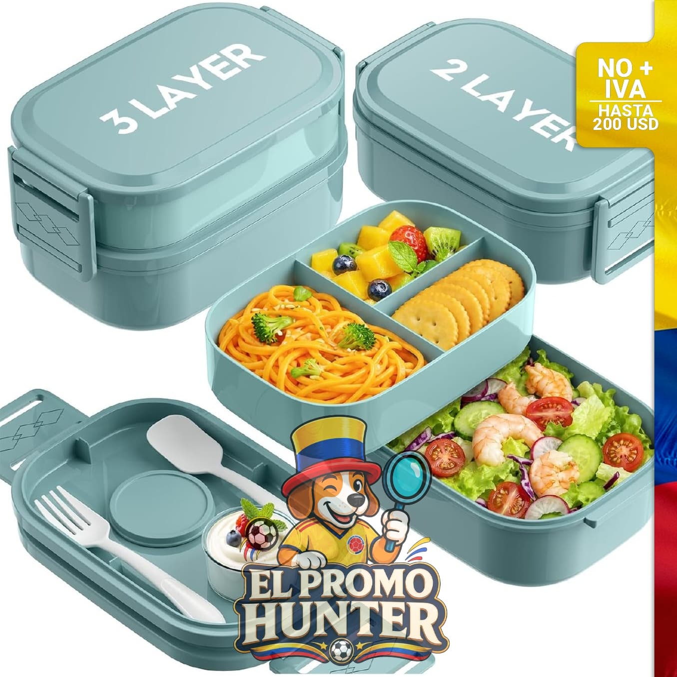 Lonchera Bento apilable de 3 niveles con capacidad de 1,9 L.