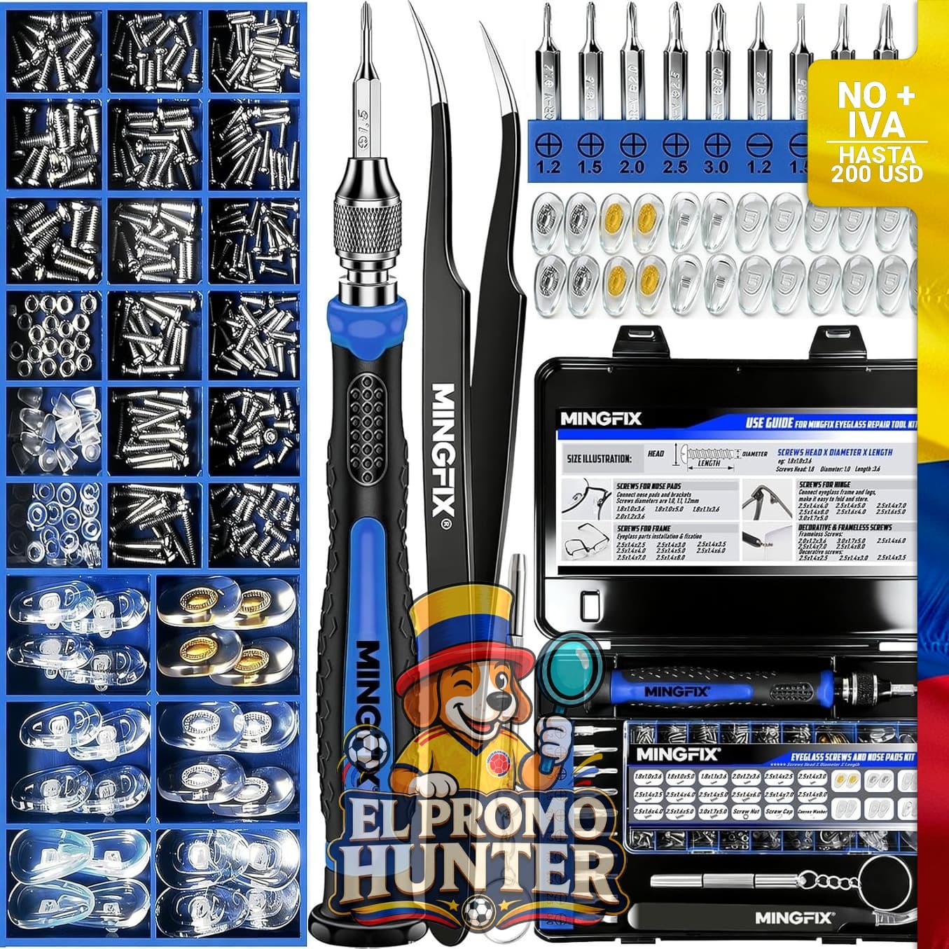 Kit de reparación para gafas y lentes de sol MINGFIX, incluye herramientas magnéticas, tornillos y almohadillas.