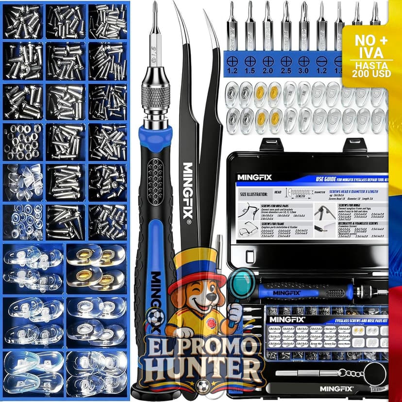 Kit de reparación para gafas y lentes de sol MINGFIX, incluye herramientas magnéticas, tornillos y almohadillas.
