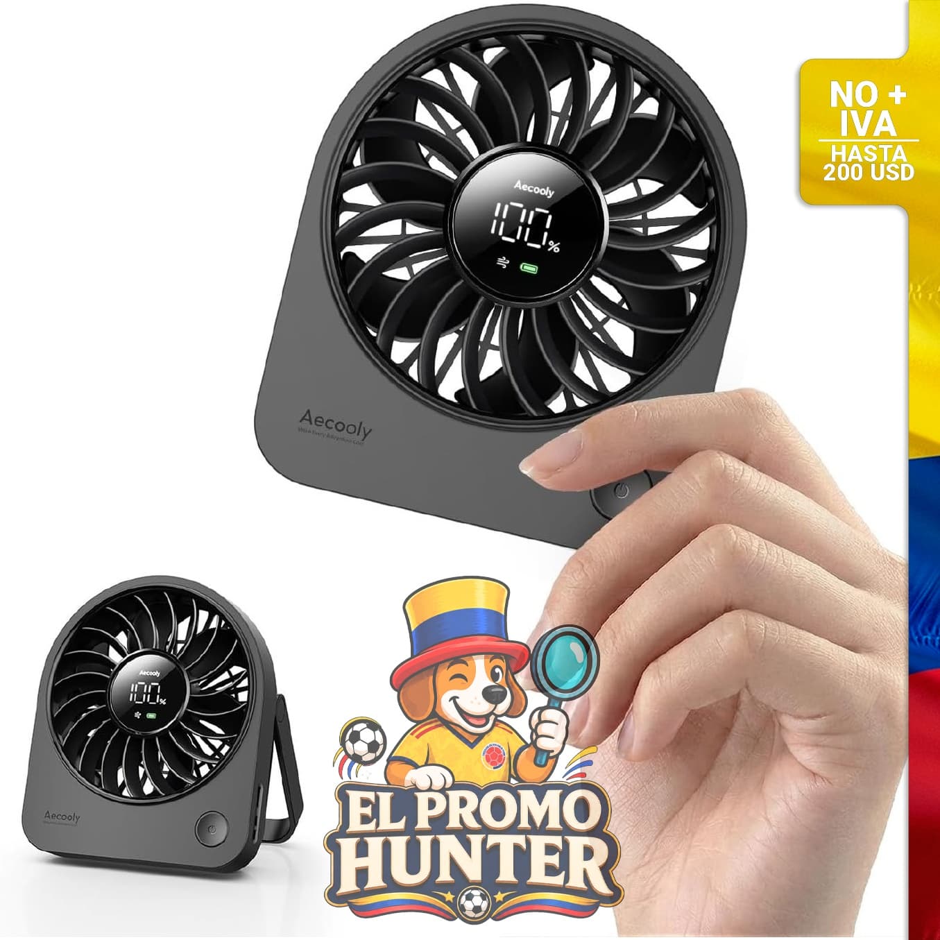 Ventilador de escritorio portátil Aecooly, alimentado por USB y batería, con 4 velocidades.