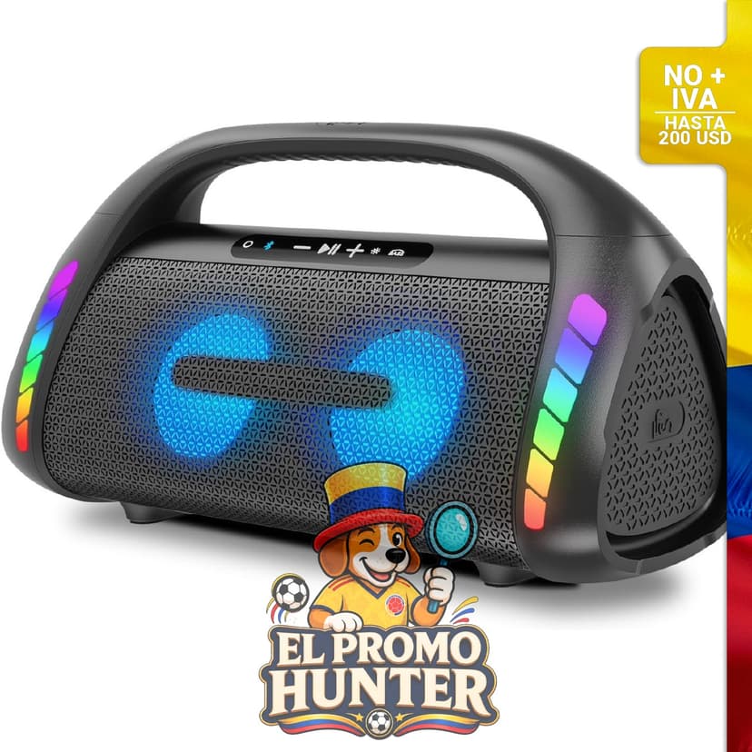 Bocina Bluetooth LFS de 100W, impermeable IPX6, con luces LED y 30 horas de reproducción.
