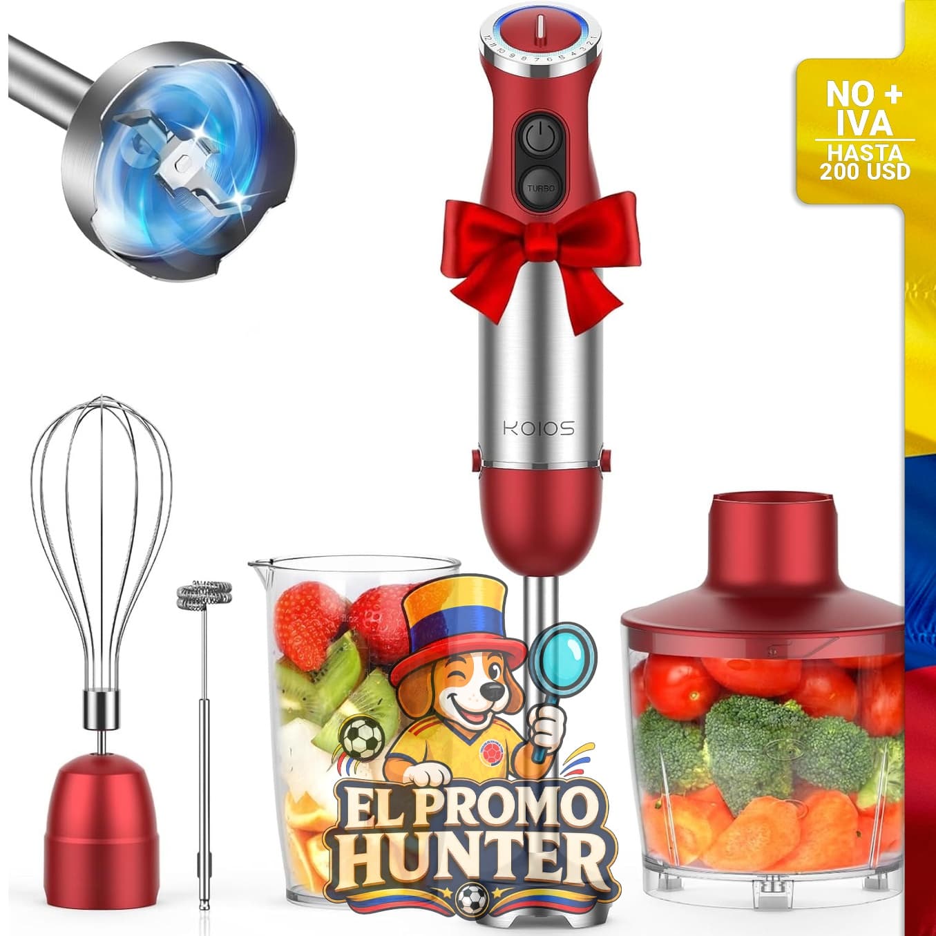 Licuadora de inmersión KOIOS 5 en 1, 1000 W, 12 velocidades, motor de cobre, hoja de acero inoxidable, vaso de mezcla de 600 ml, procesador de alimentos de 500 ml, sin BPA.