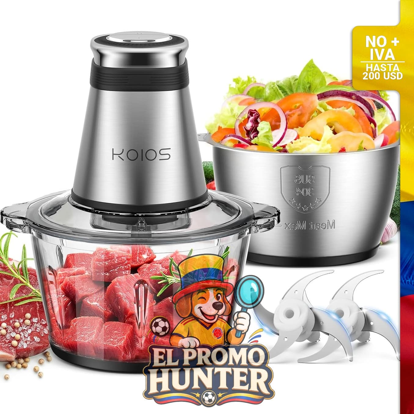 KOIOS procesador de alimentos eléctrico de 500 W, incluye 2 cuencos de 8 tazas y 2 cuchillas de dos niveles.
