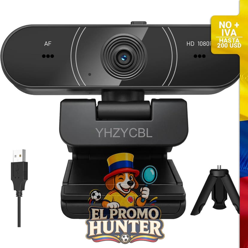 Cámara web Full HD 1080P con corrección automática de luz, micrófono y cubierta de privacidad.